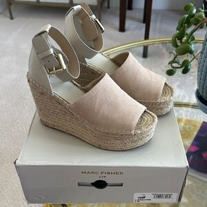 Marc Fisher Cream and Tan Wedge Sandals